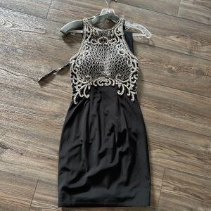 Black Mini Dress with Silver Beaded Bodice